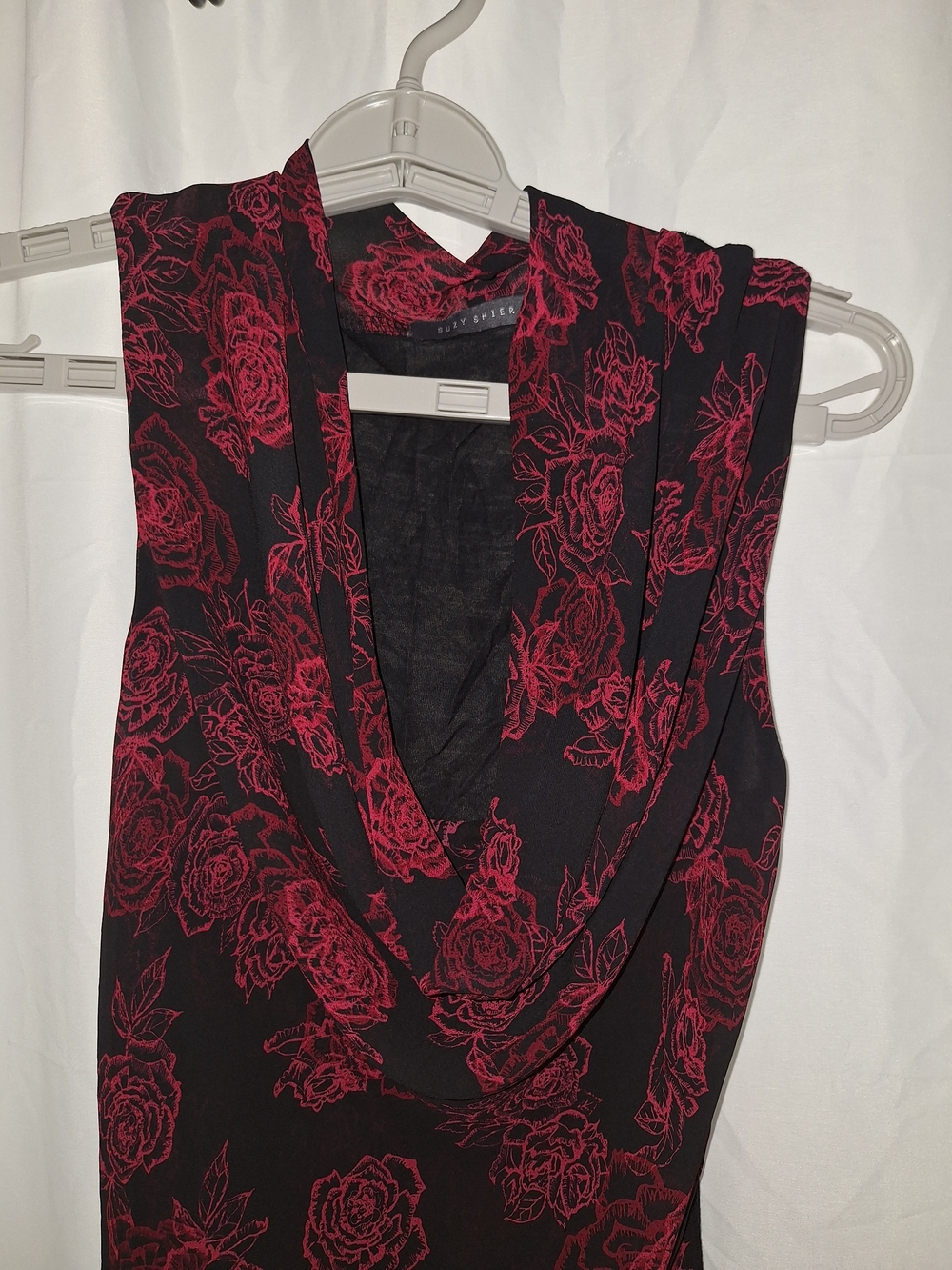 Suzy Shier Black Sleeveless Cowl Neck Top with Red Rose Print